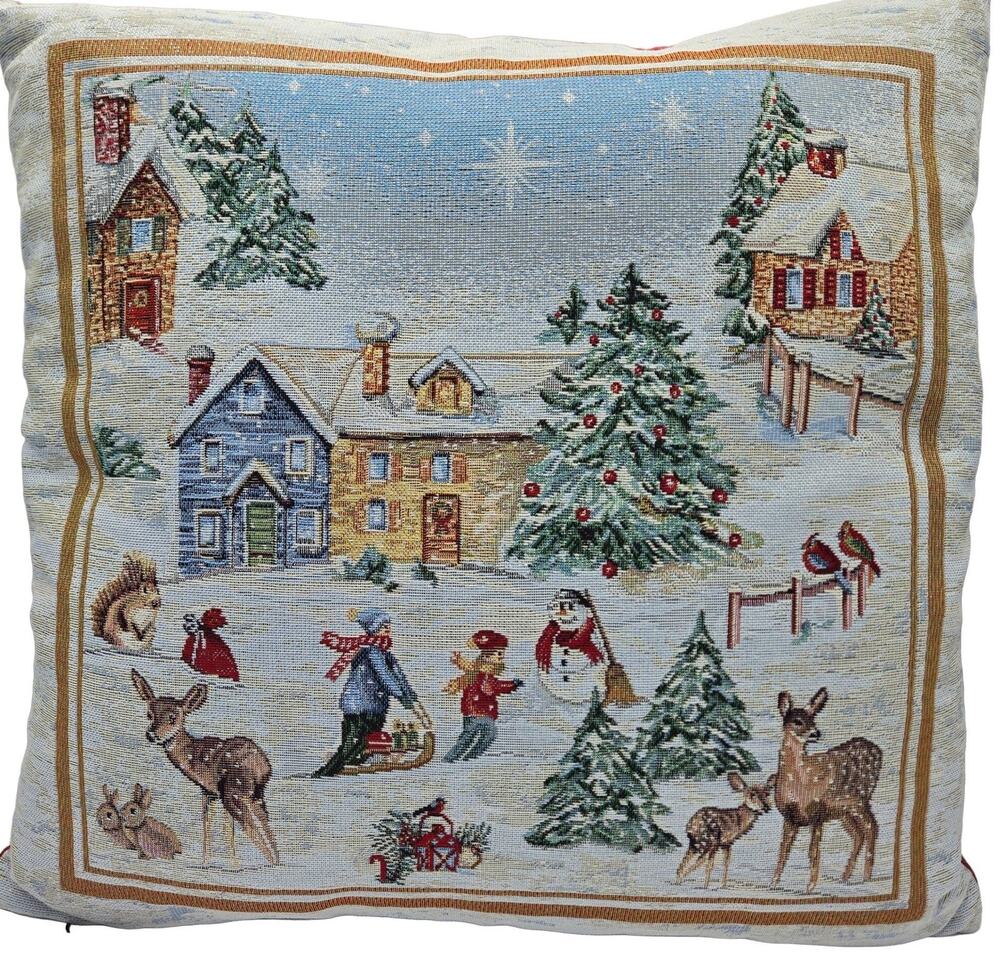 VINTAGE STYLE Caldeira Christmas Winter Scene Tapestry Throw Pillow 18" NEW FARM